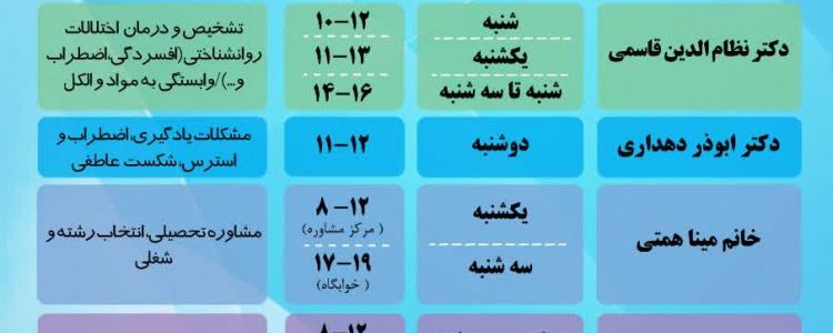 برنامه زمان‌بندی حضور روانشناسان و مشاوران در مرکز مشاوره دانشگاه سلمان فارسی کازرو