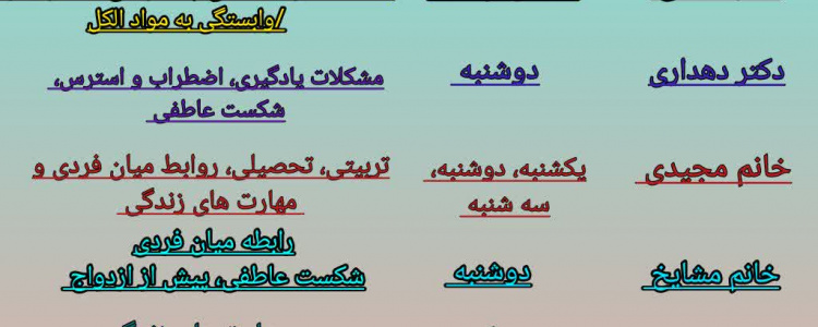 برنامه زمان‌بندی حضور روانشناسان و مشاوران در مرکز مشاوره دانشگاه سلمان فارسی کازرون ـ نیم‌سال دوم تحصیلی ۱۴۰۶-۱۴۰۵